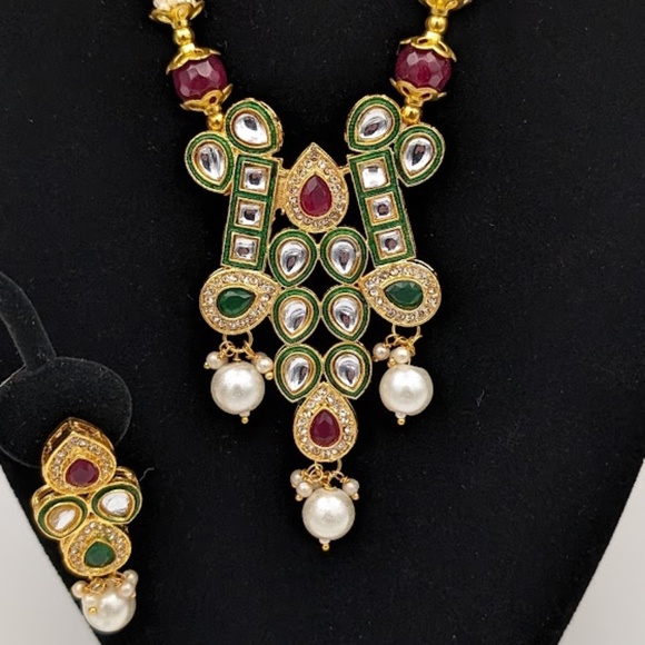 Indian Ethnic Meenakari Jadtar with Rice Pulse Necklace Earrings - Picture 1 of 4